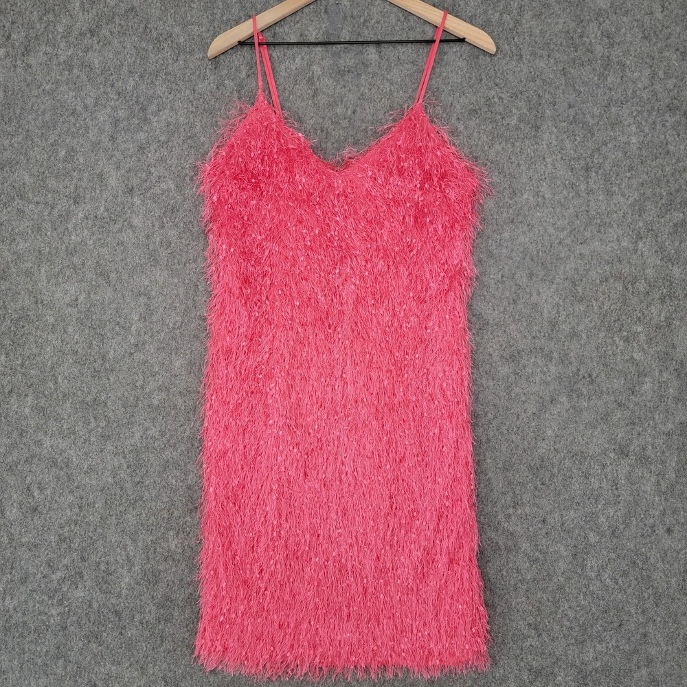 Touch Me Dress Juniors Large Pink Fringe Fuzzy‎ Sequin Slip Mini Party Cocktail